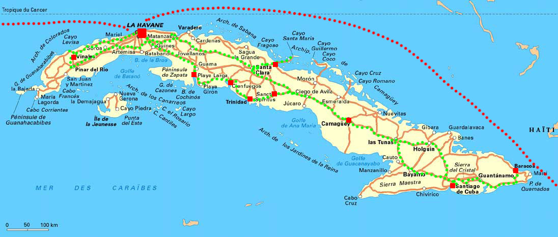 carte de notre parcours à Cuba